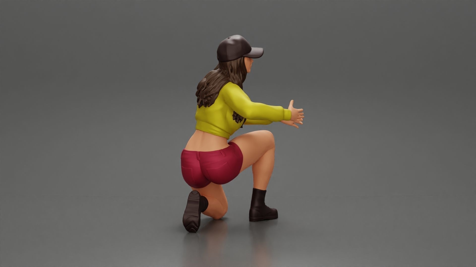 Woman in a cap and mini jacket sitting and hugging her happy dog 3D print model_9
