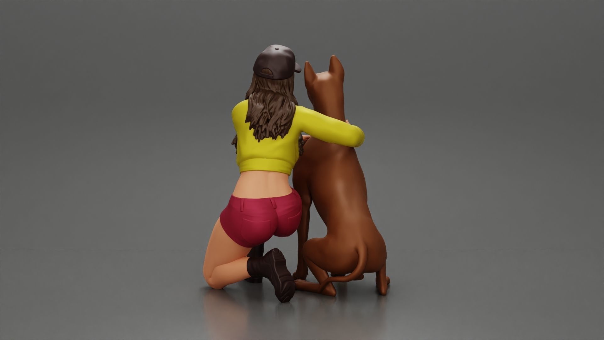 Woman in a cap and mini jacket sitting and hugging her happy dog 3D print model_5