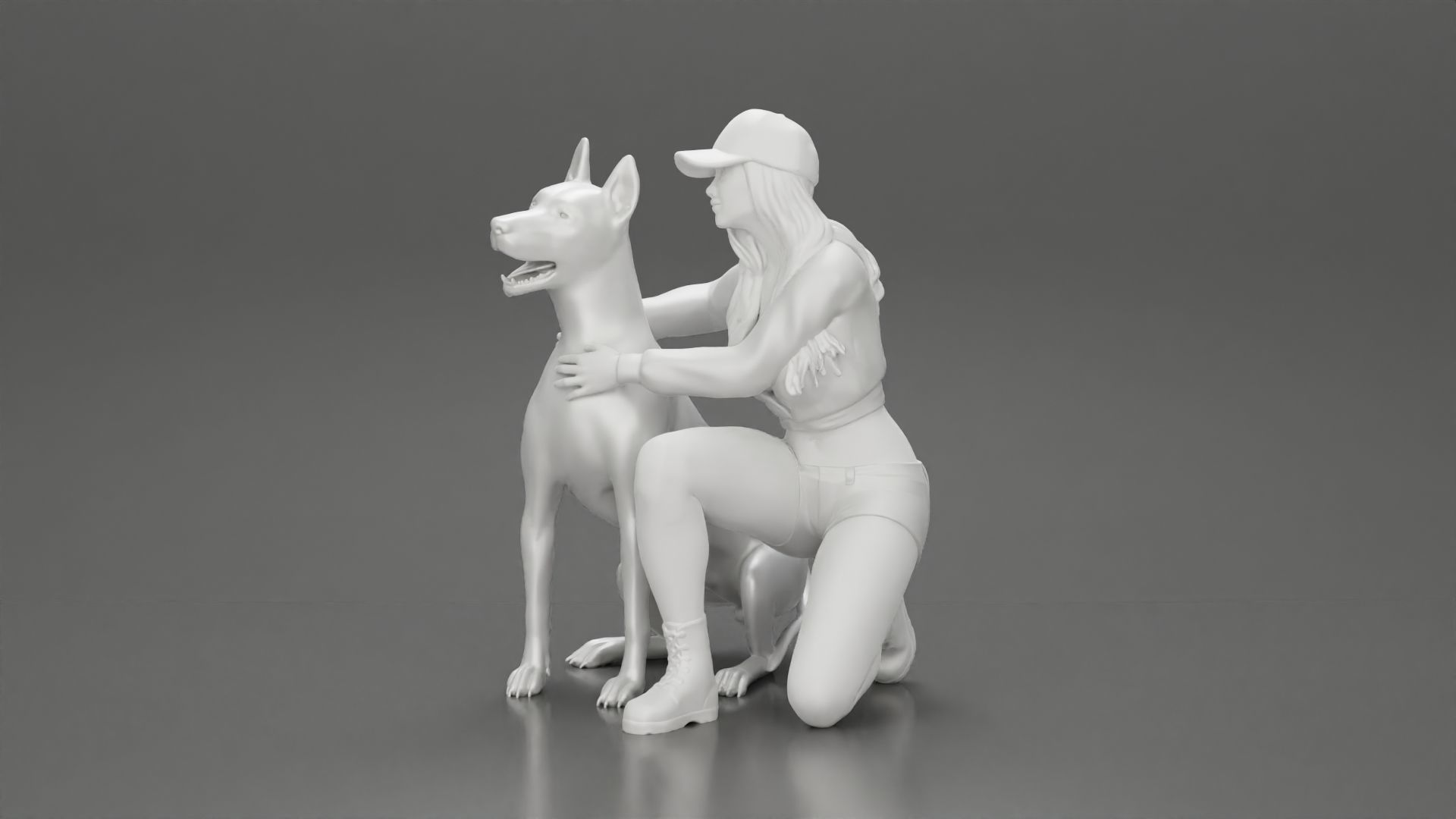 Woman in a cap and mini jacket sitting and hugging her happy dog 3D print model_23