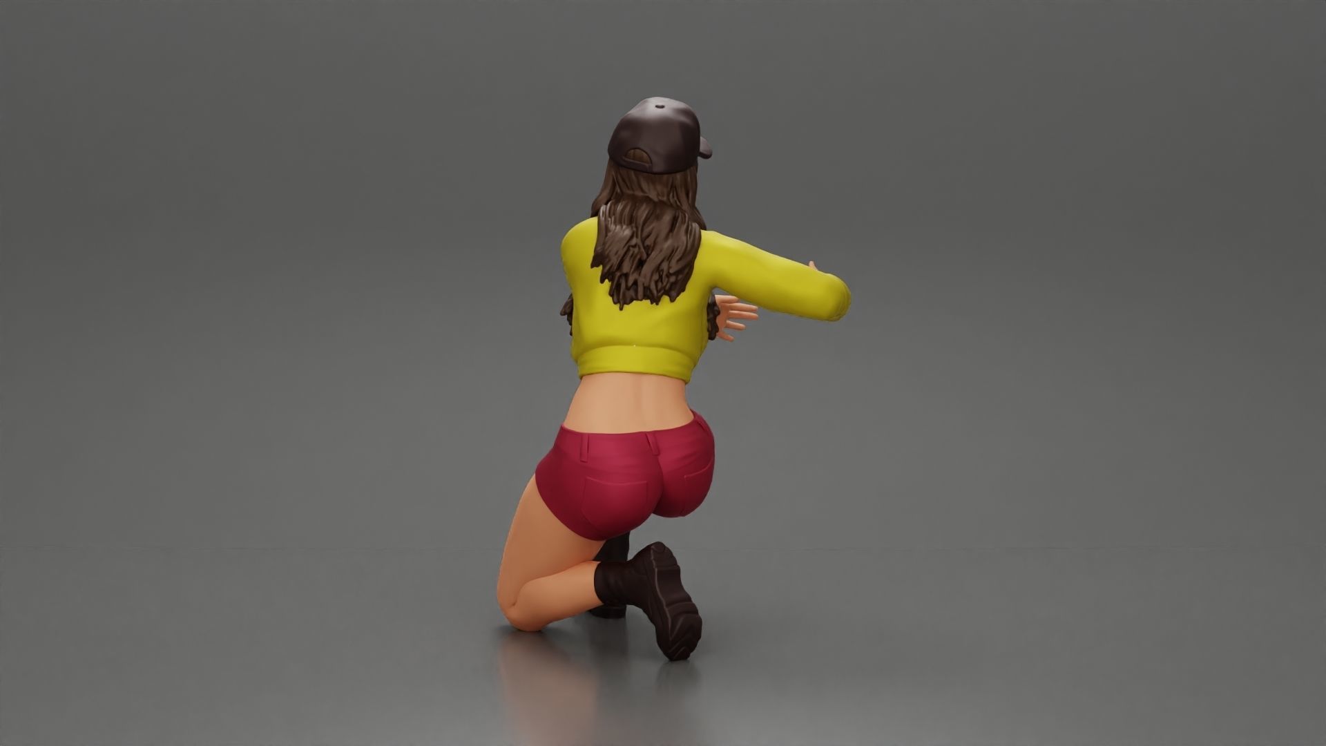 Woman in a cap and mini jacket sitting and hugging her happy dog 3D print model_10