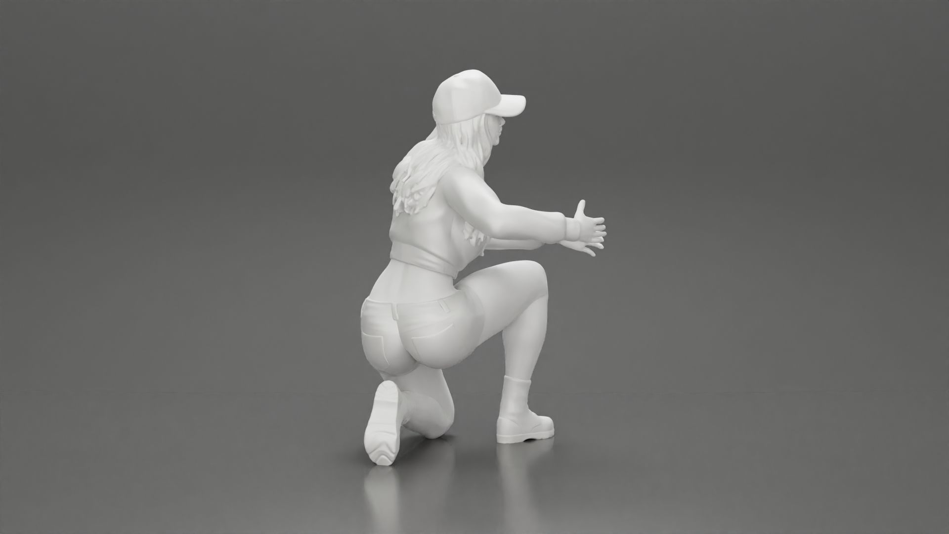 Woman in a cap and mini jacket sitting and hugging her happy dog 3D print model_26