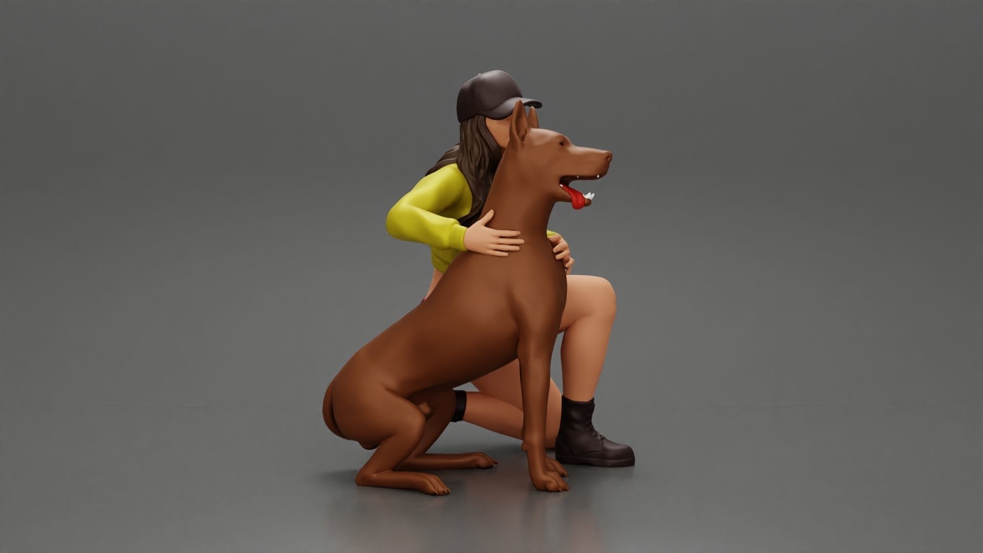 Woman in a cap and mini jacket sitting and hugging her happy dog 3D print model_3