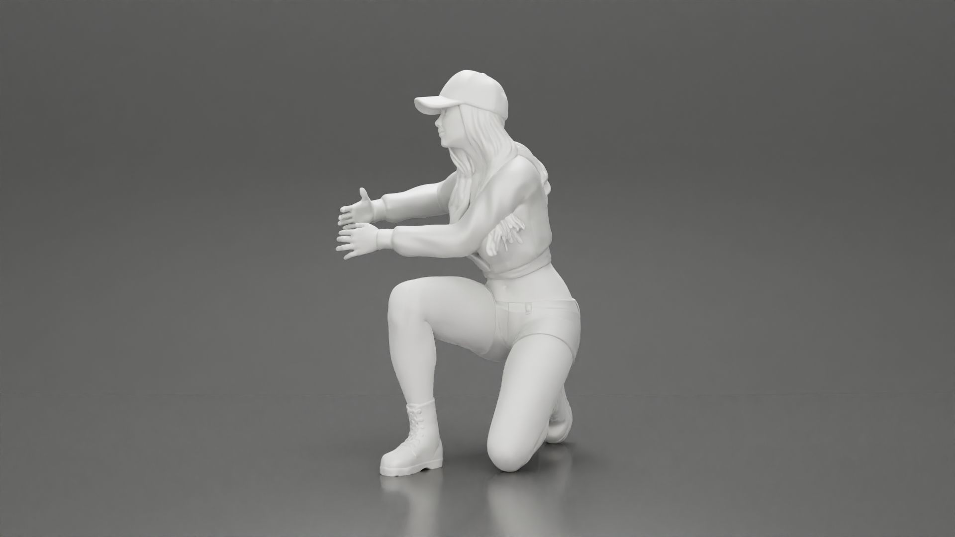 Woman in a cap and mini jacket sitting and hugging her happy dog 3D print model_29