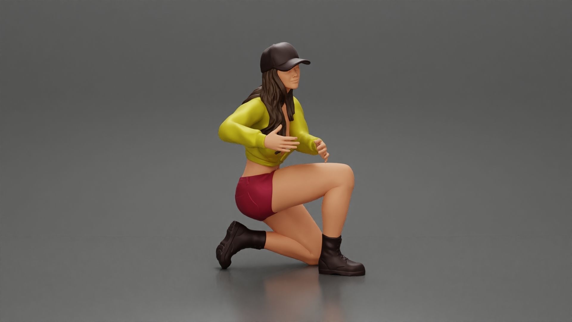 Woman in a cap and mini jacket sitting and hugging her happy dog 3D print model_8