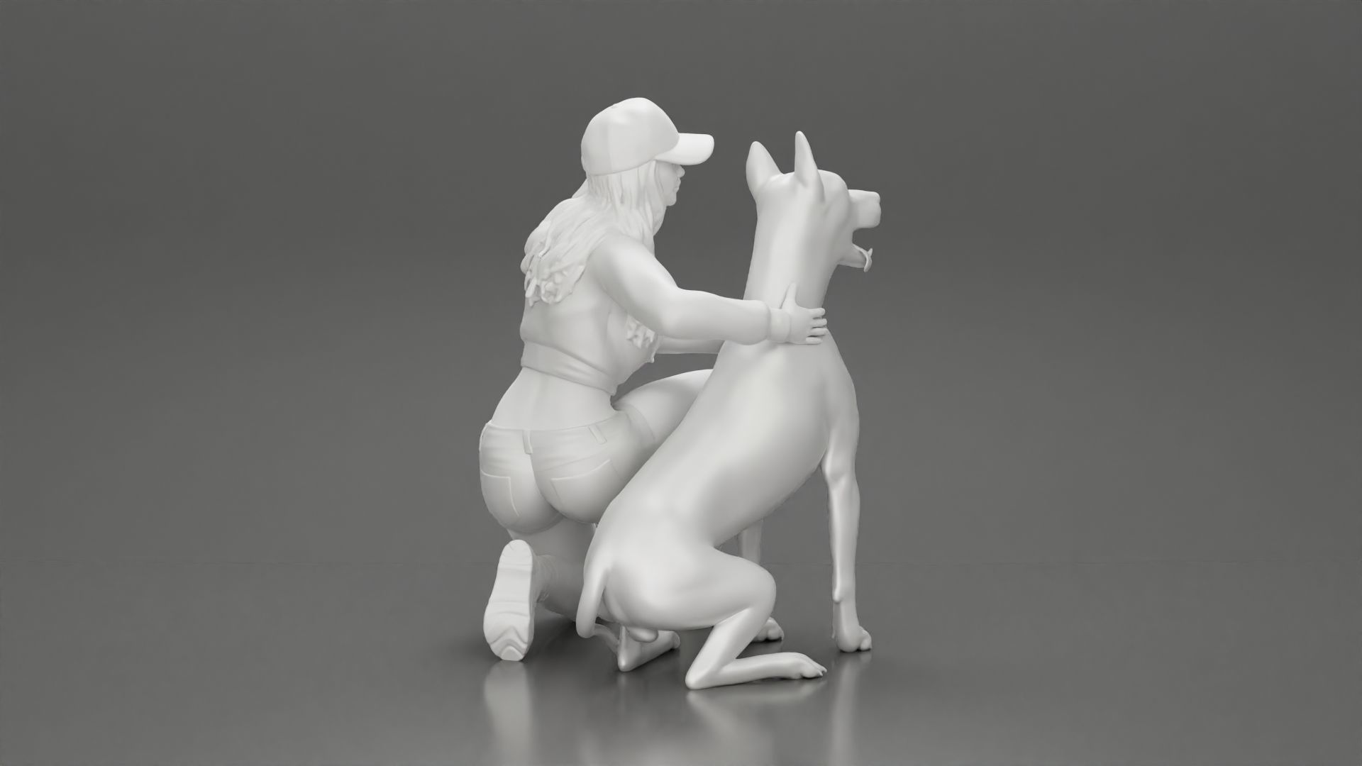 Woman in a cap and mini jacket sitting and hugging her happy dog 3D print model_20
