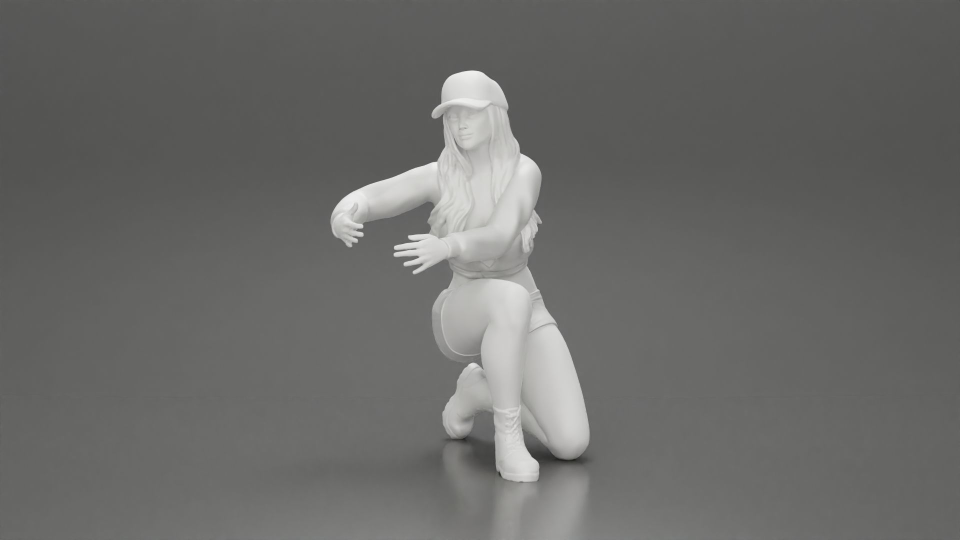 Woman in a cap and mini jacket sitting and hugging her happy dog 3D print model_24