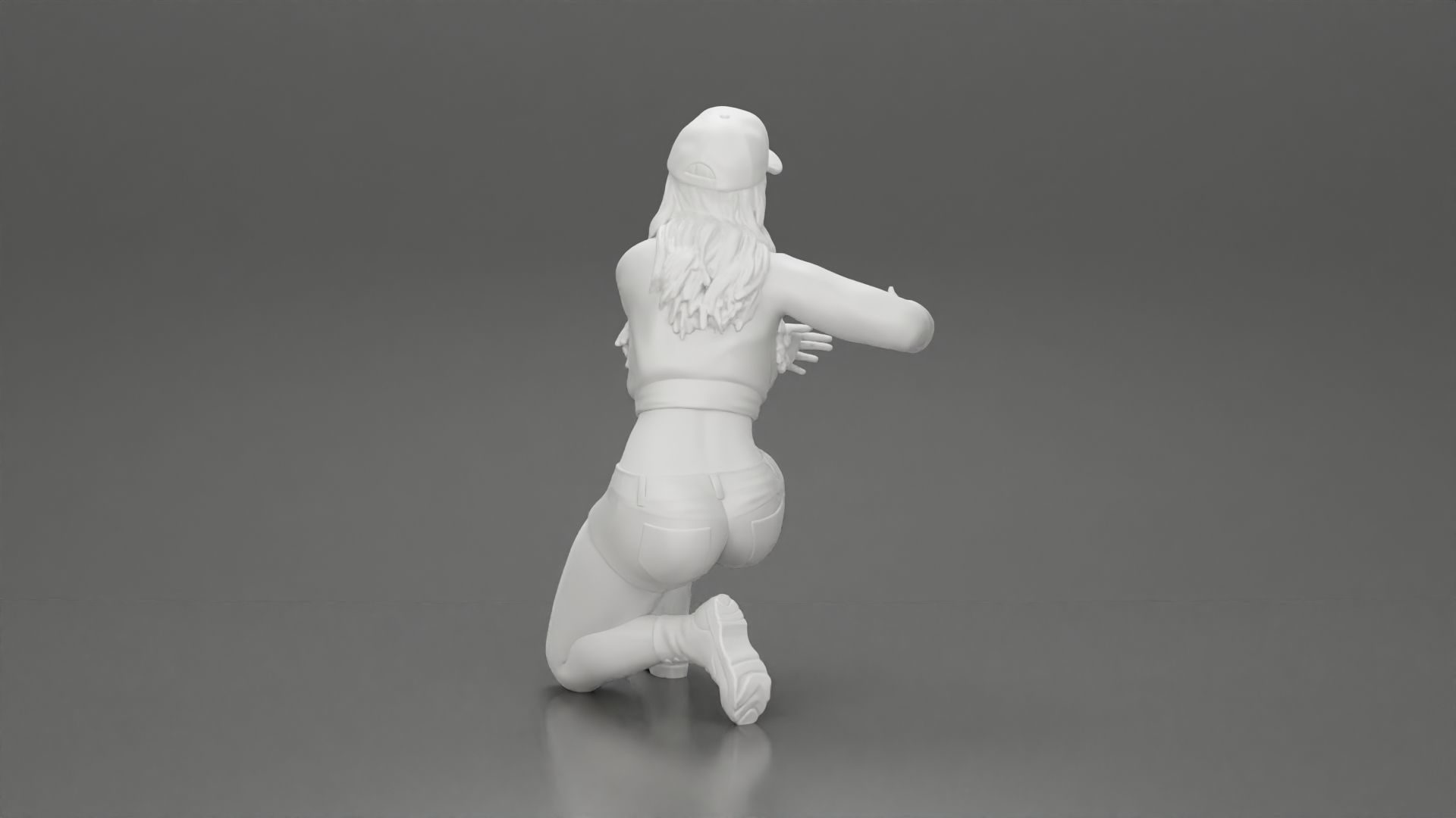 Woman in a cap and mini jacket sitting and hugging her happy dog 3D print model_27