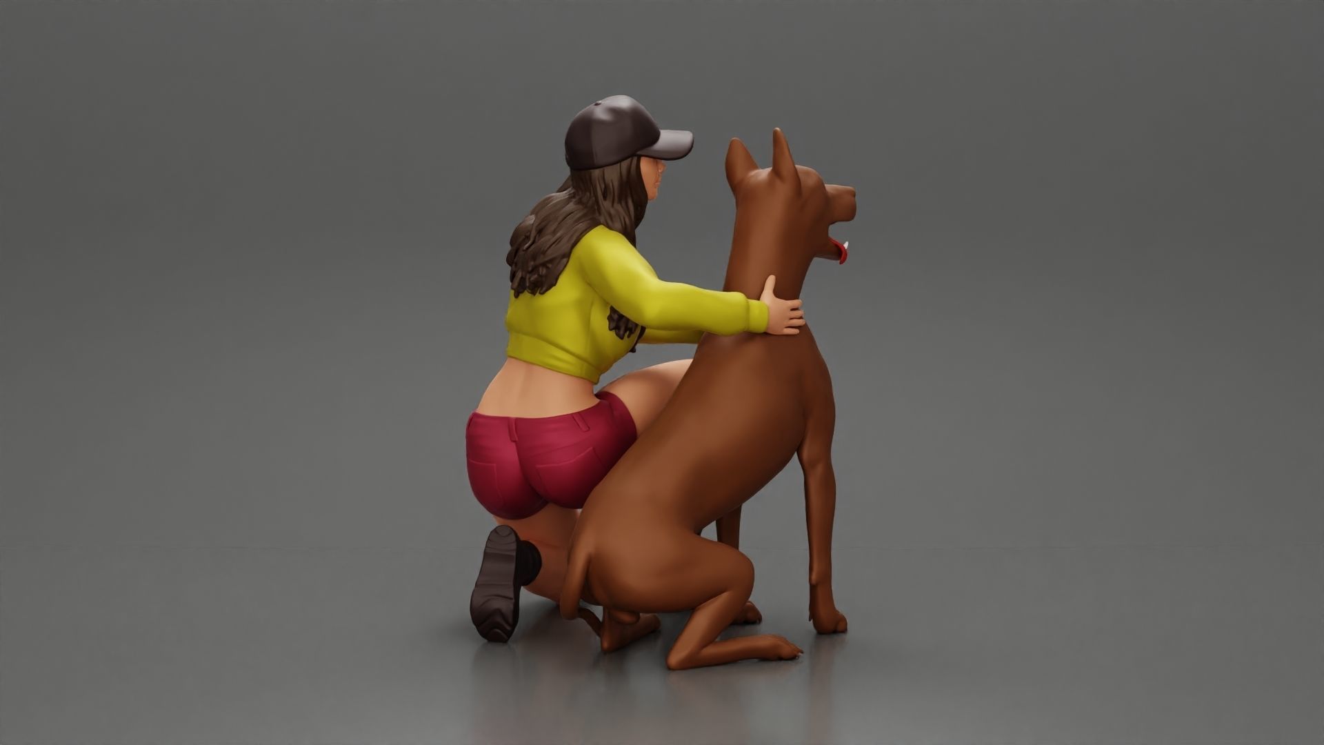 Woman in a cap and mini jacket sitting and hugging her happy dog 3D print model_4