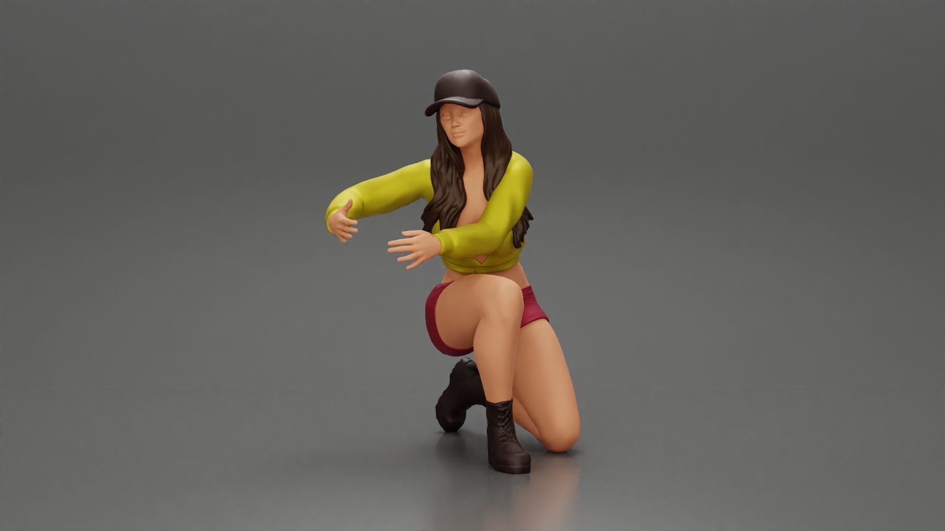 Woman in a cap and mini jacket sitting and hugging her happy dog 3D print model_1