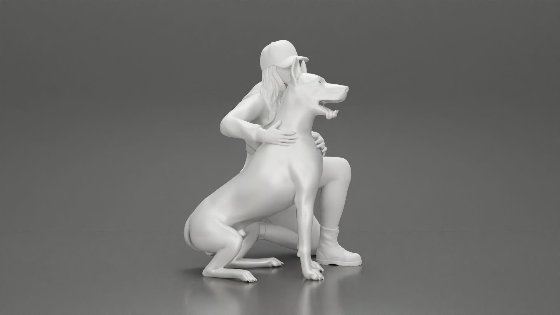 Woman in a cap and mini jacket sitting and hugging her happy dog 3D print model_19