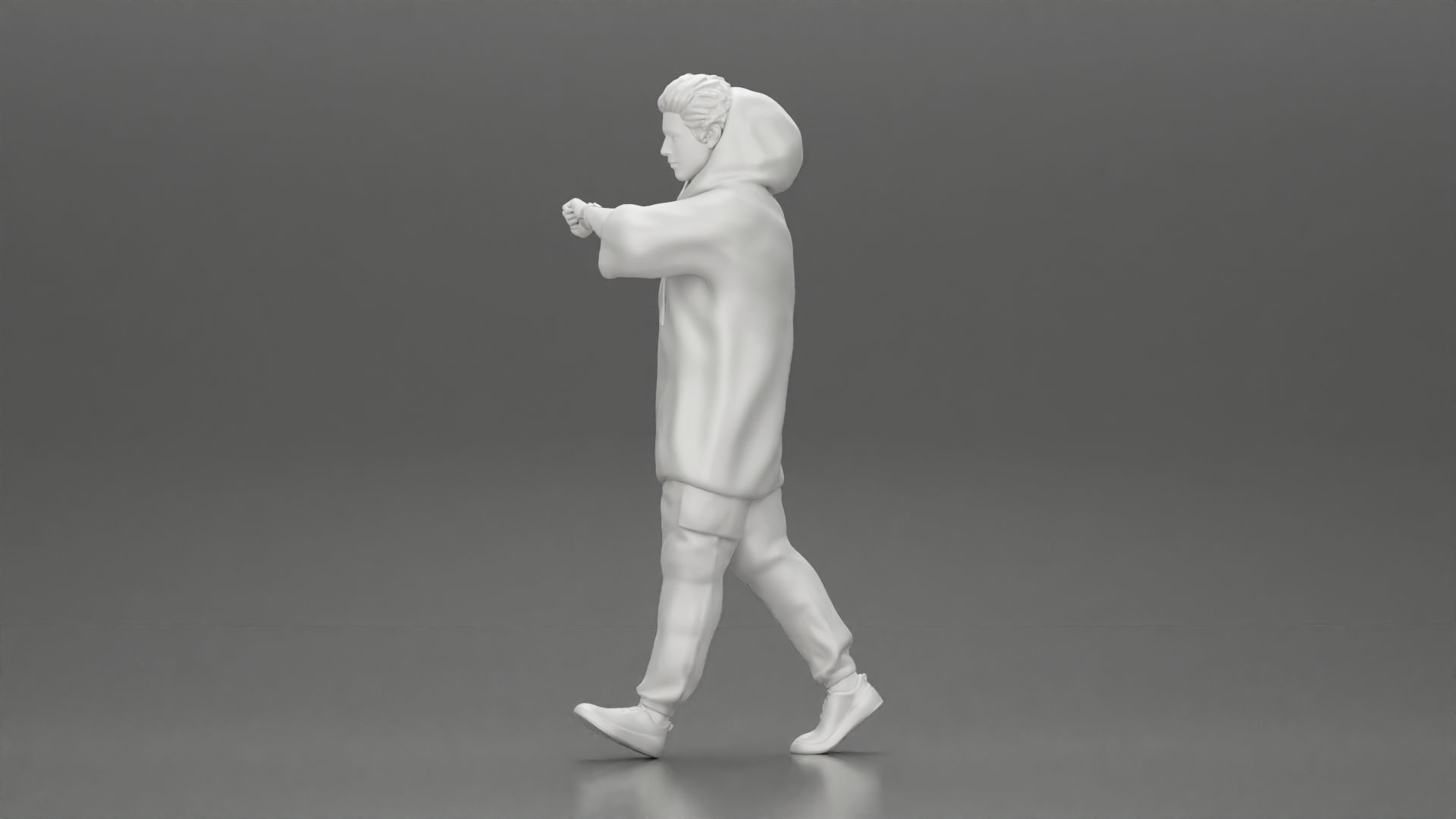 Man in a long hoodie  walking and looking at his watch 3D print model_10