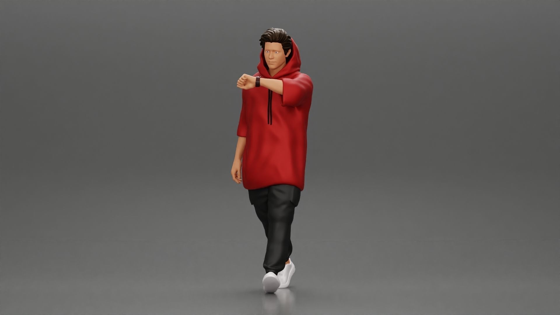 Man in a long hoodie  walking and looking at his watch 3D print model_5