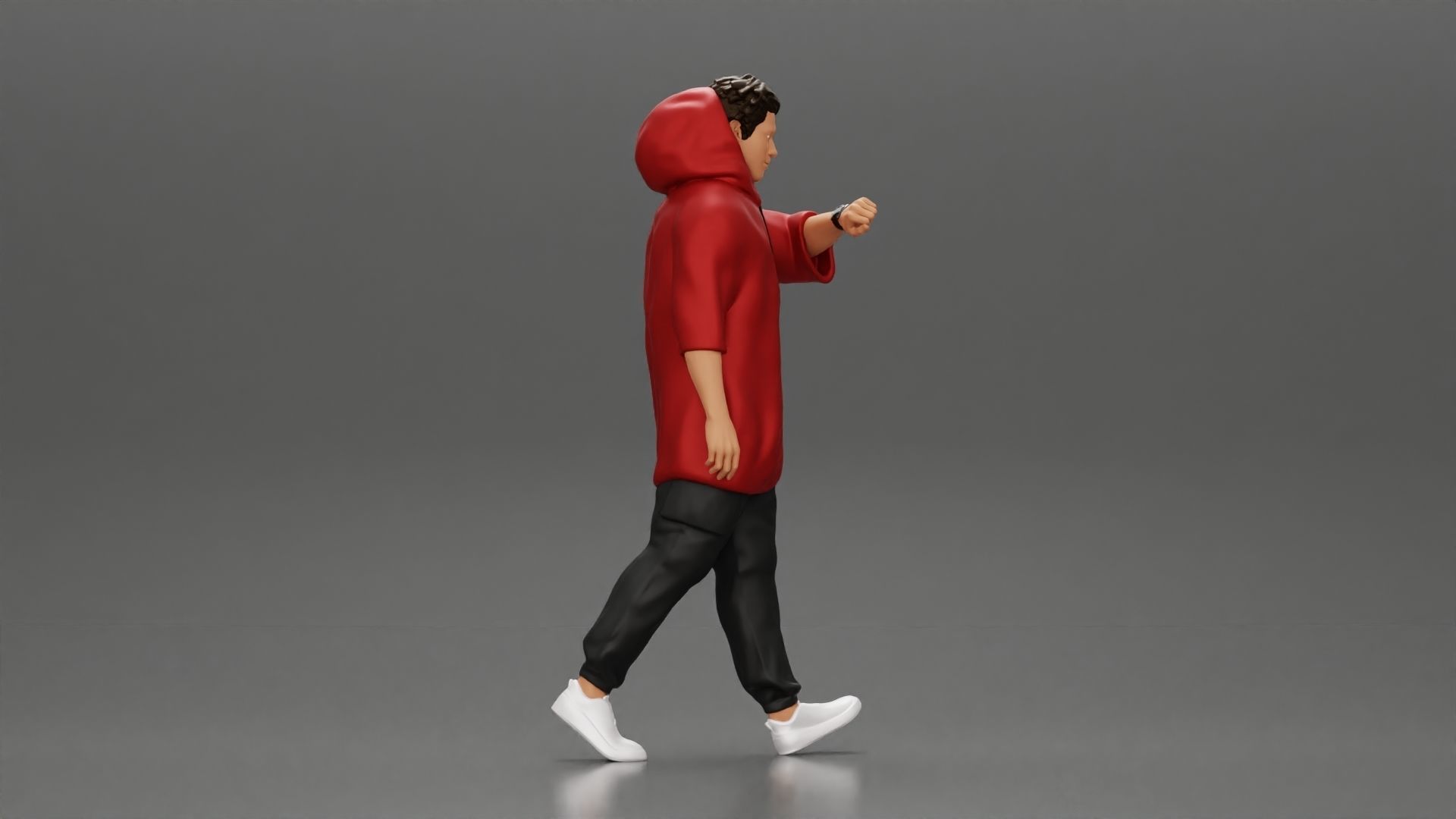 Man in a long hoodie  walking and looking at his watch 3D print model_1