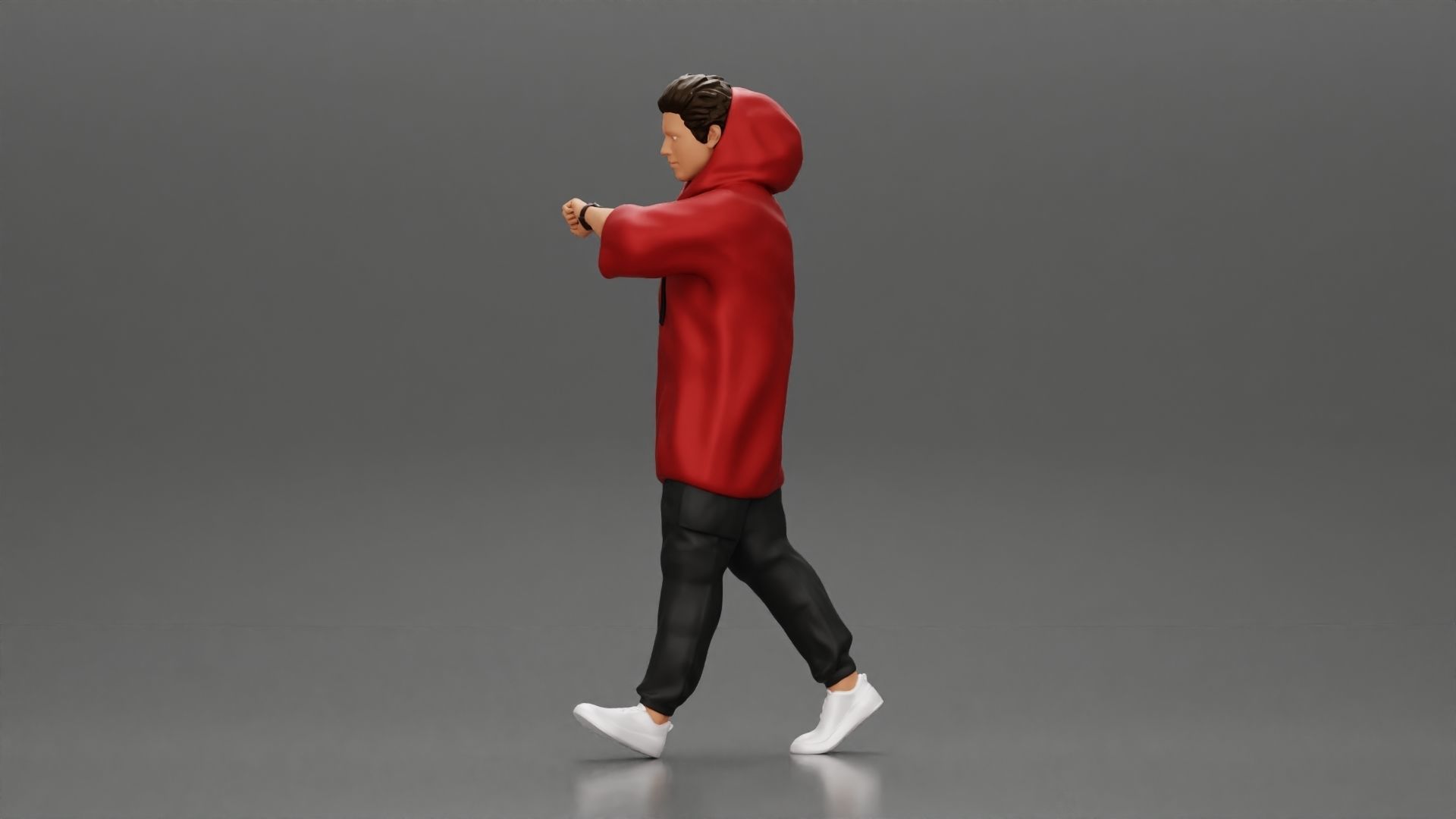 Man in a long hoodie  walking and looking at his watch 3D print model_4