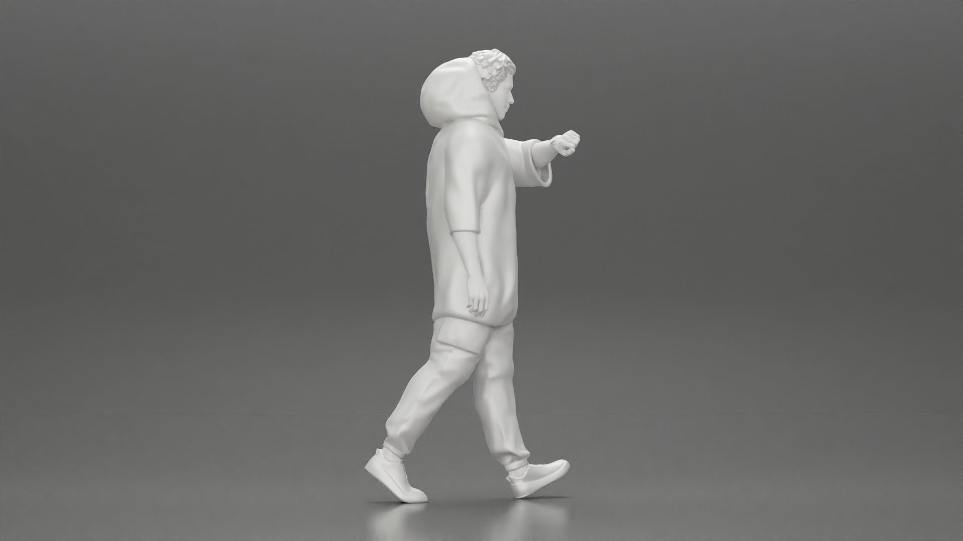 Man in a long hoodie  walking and looking at his watch 3D print model_7