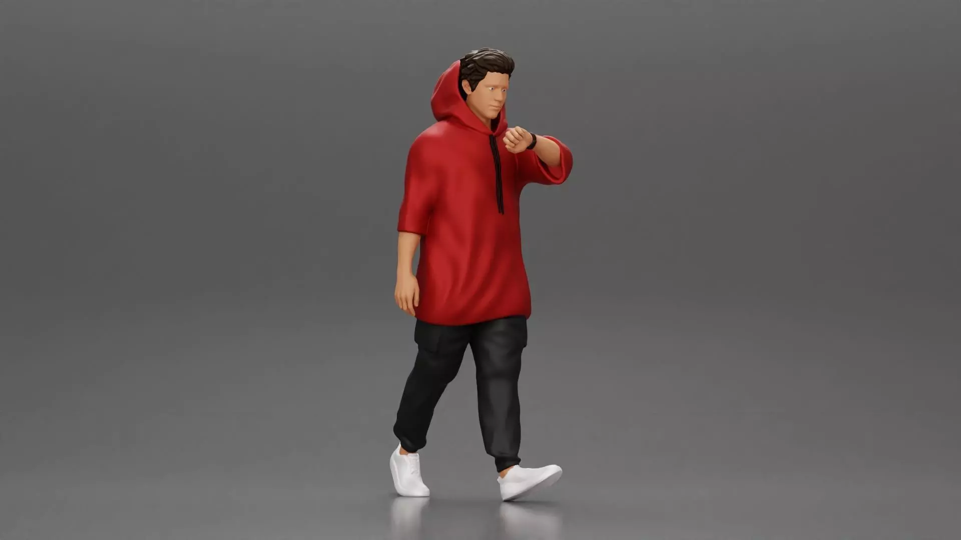 Man in a long hoodie  walking and looking at his watch 3D print model_0