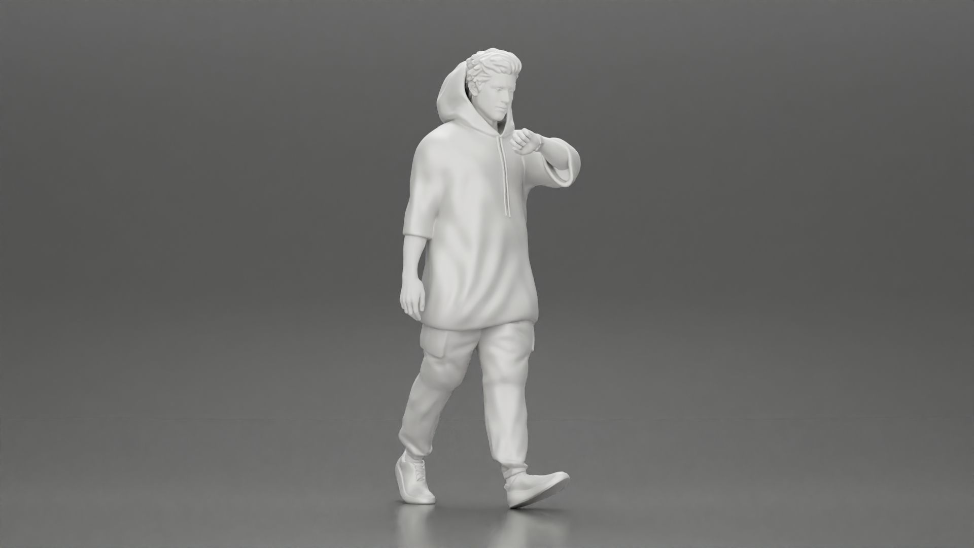Man in a long hoodie  walking and looking at his watch 3D print model_6