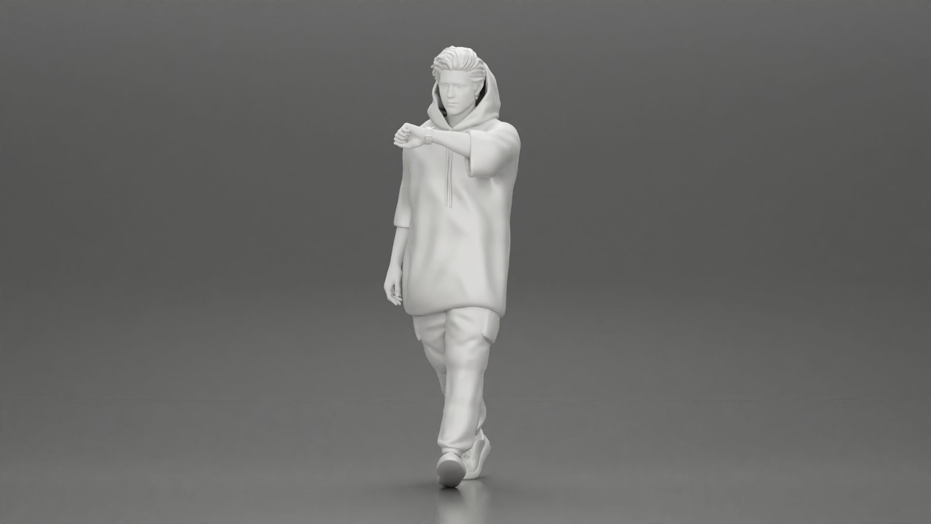 Man in a long hoodie  walking and looking at his watch 3D print model_11