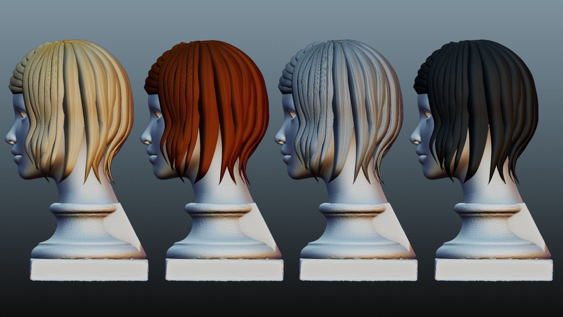 Female hair 4 colors Low-poly 3D model_2