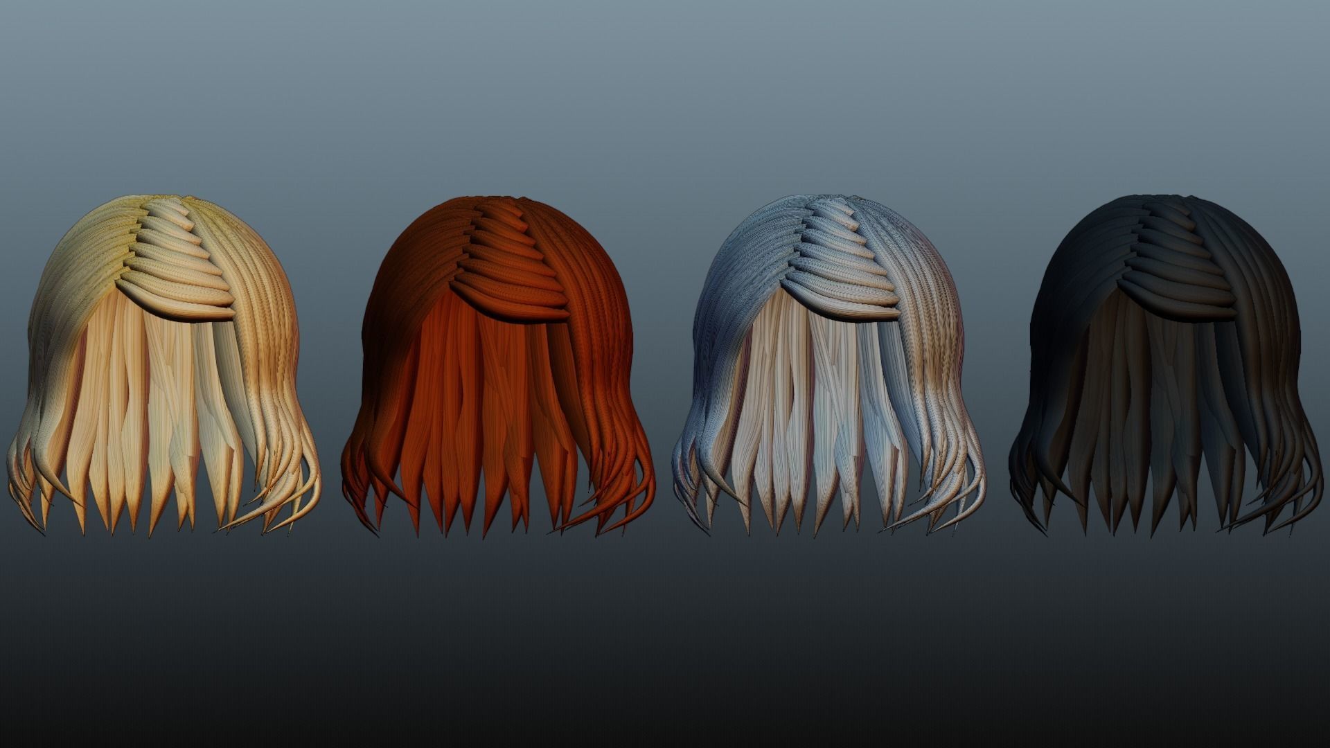 Female hair 4 colors Low-poly 3D model_4