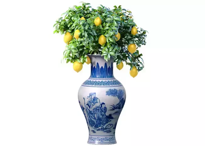 Lemon tree in a Chinese vase pot Decorative Citrus Houseplant