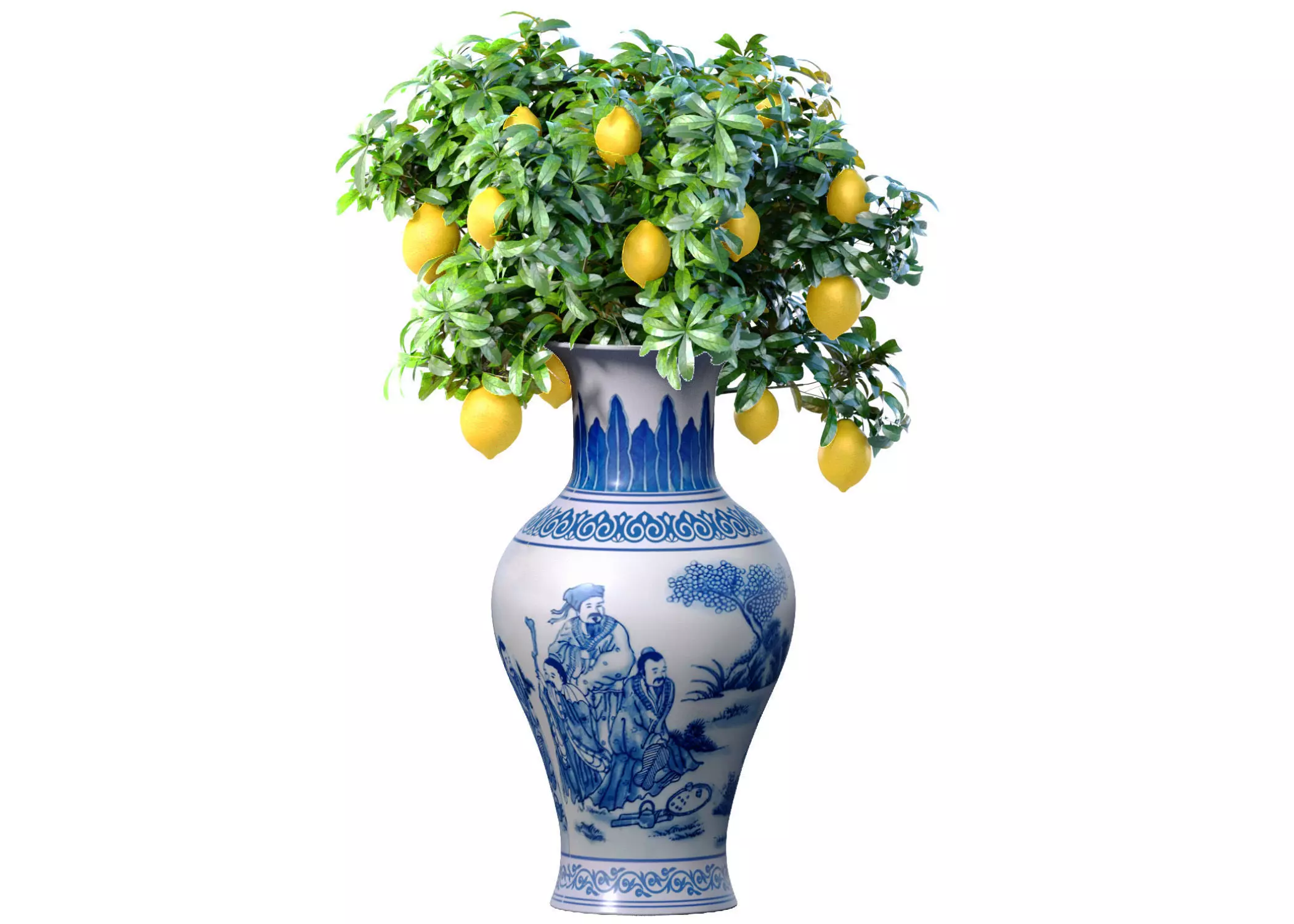 Lemon tree in a Chinese vase pot Decorative Citrus Houseplant 3D model