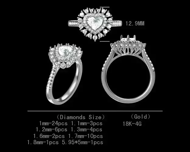 Heart design bridal diamond engagement ring for women 3D model