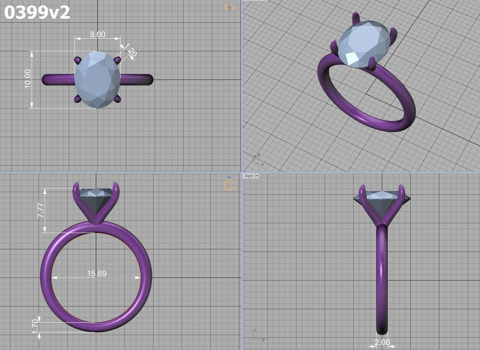 Classic Solitaire Ring with Oval shaped Stone 10x8 3Dmodel 3D print model_7