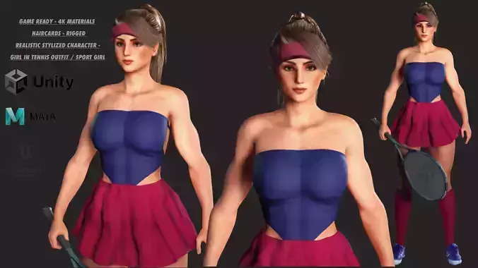 AAA 3D REALISTIC CHARACTER - MUSCULAR GIRL SPORT OUTFIT TENNIS Low-poly 3D model