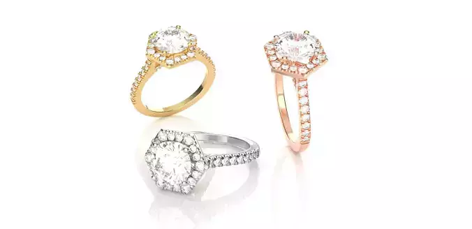 Hexagon Halo Diamond Engagement Ring 3D print model