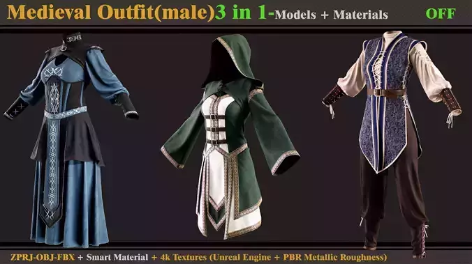 3 in 1 Medieval Outfit-MD-Clo3d-OBJ-FBX -Material-Textures 3D model