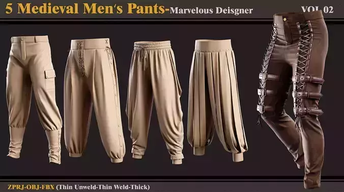 5 Medieval Mens Pants-MD-Clo3D- FBX - OBJ