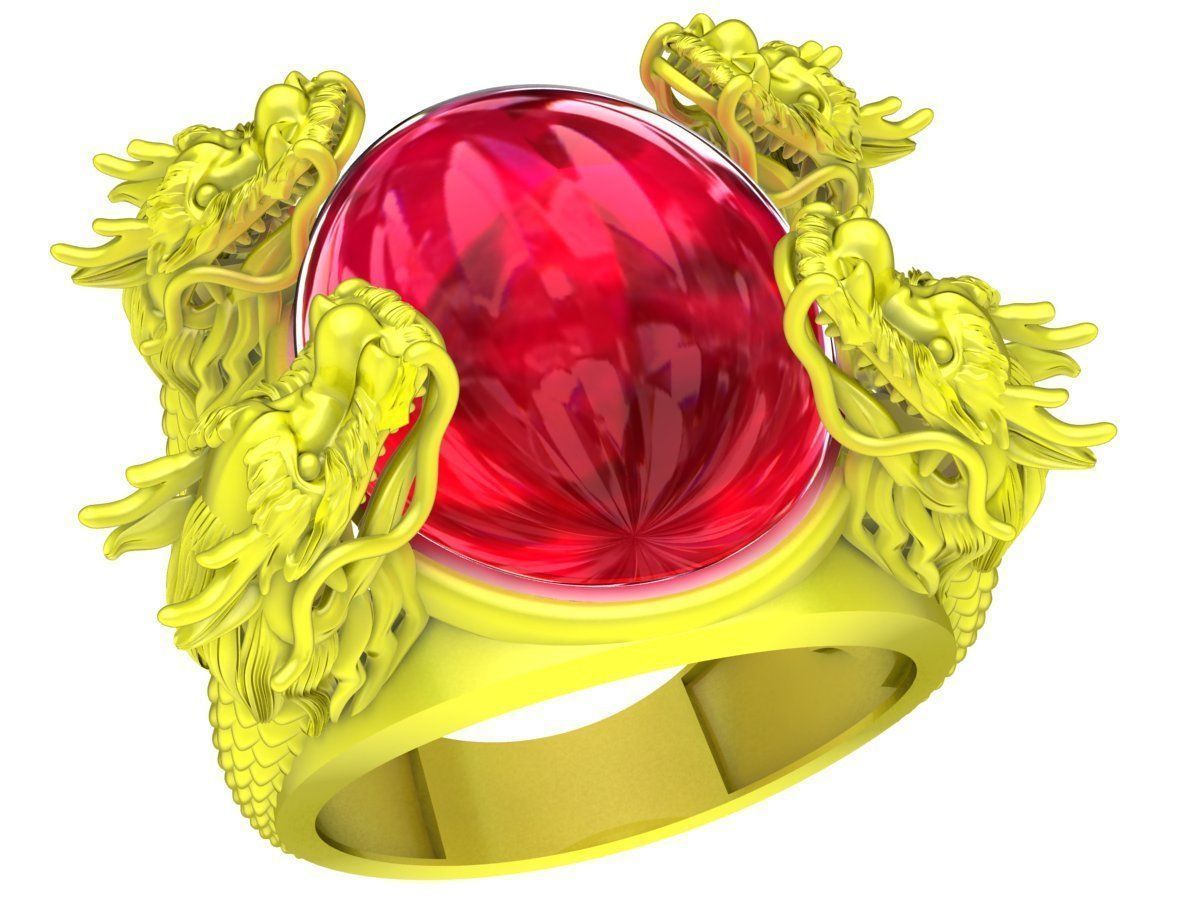 A5429 Oval Ruby Four Dragon Men Ring 3D print model_1