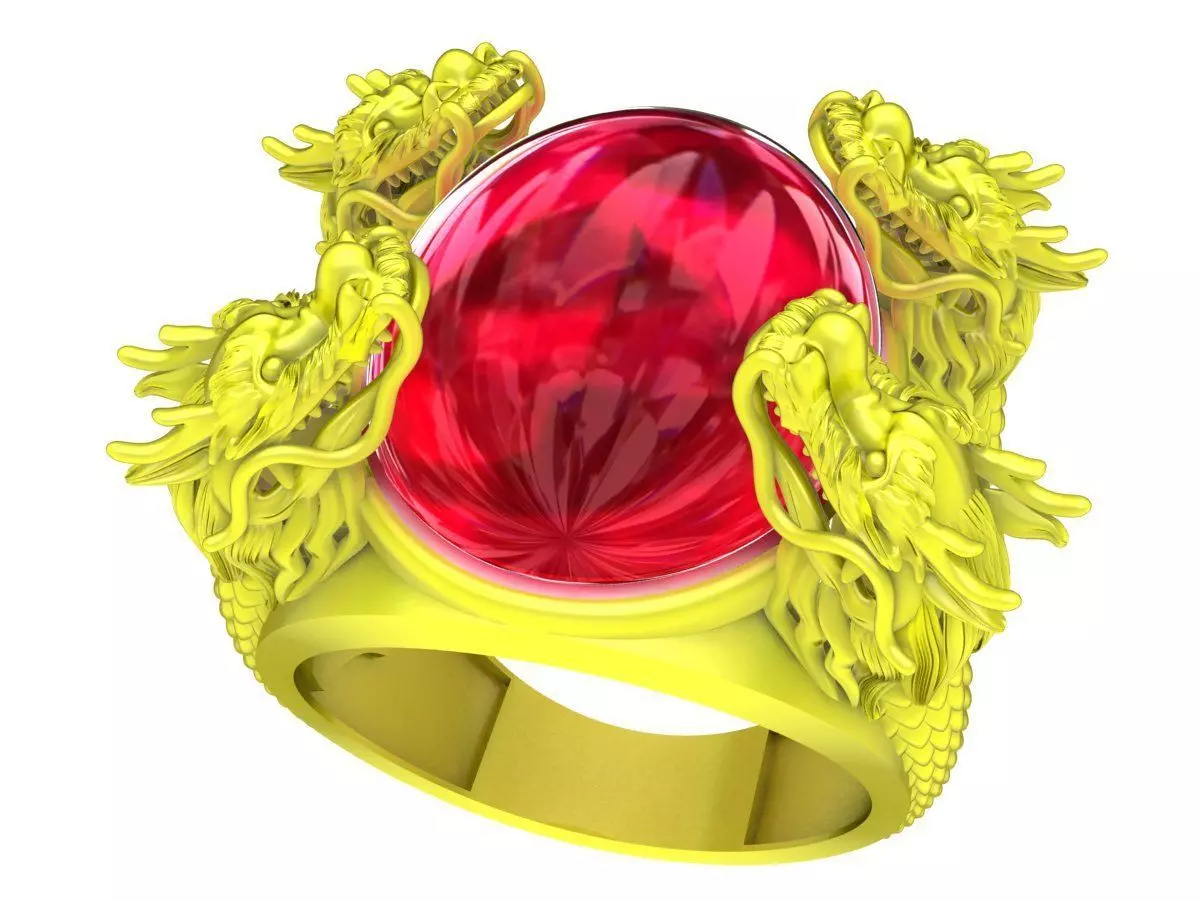 A5429 Oval Ruby Four Dragon Men Ring 3D print model_0