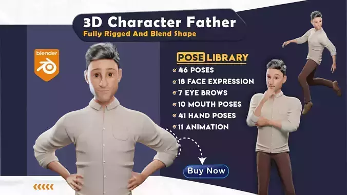 Pixar-Style Father Character Rigged Low-poly 3D model