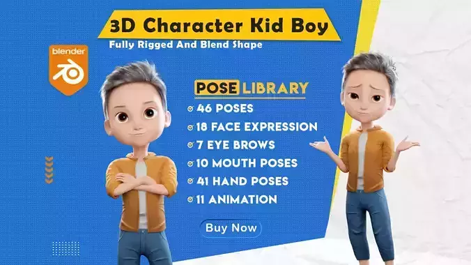 Pixar-Style Kid Boy Character Rigged Low-poly 3D model