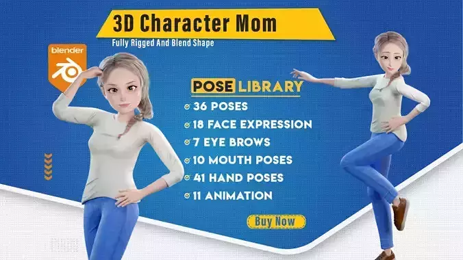 Pixar-Style Mother Character Rigged Low-poly 3D model