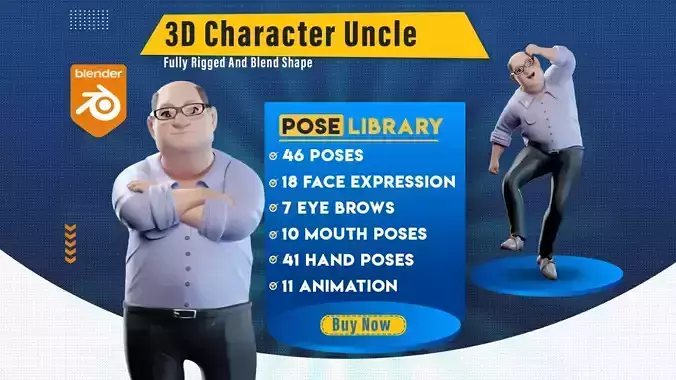 Pixar-Style Uncle Character rigged Low-poly 3D model