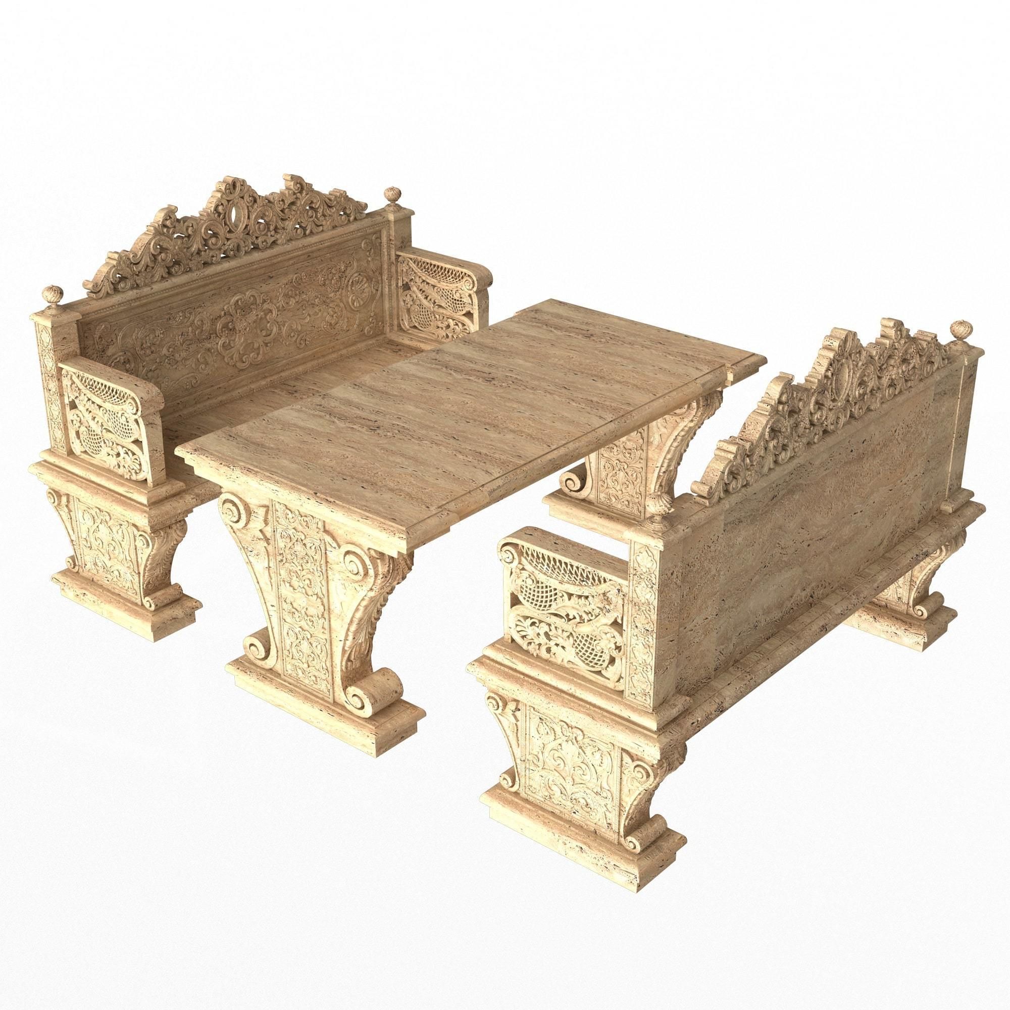 Stone Bench and Table 05 Low-poly 3D model_3