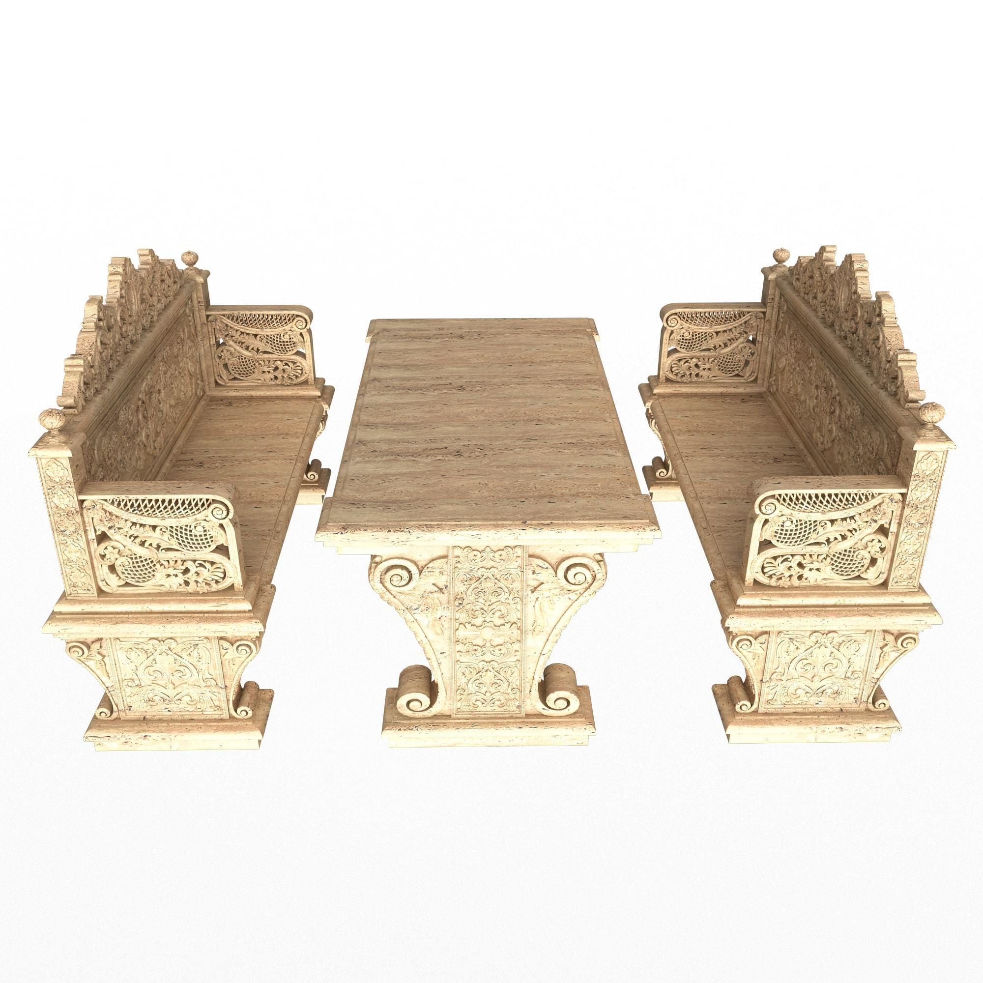 Stone Bench and Table 05 Low-poly 3D model_5