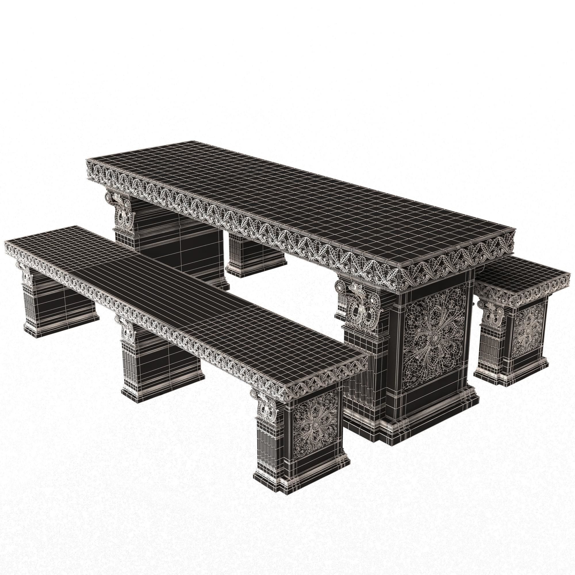 Stone Bench and Table Collection Low-poly 3D model_39