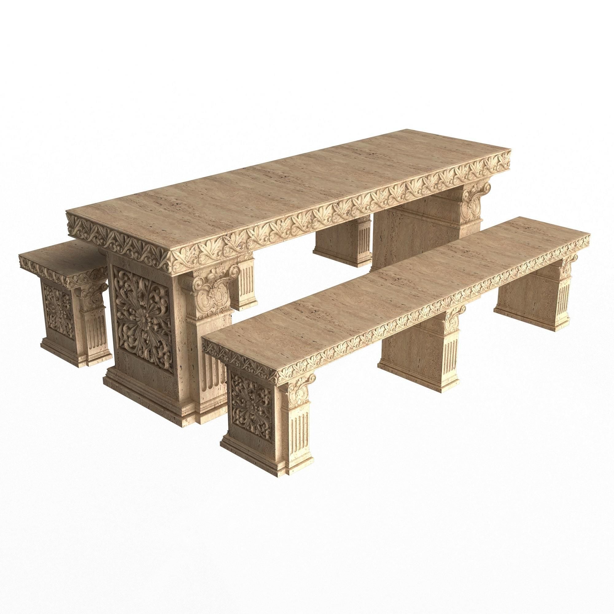 Stone Bench and Table Collection Low-poly 3D model_12