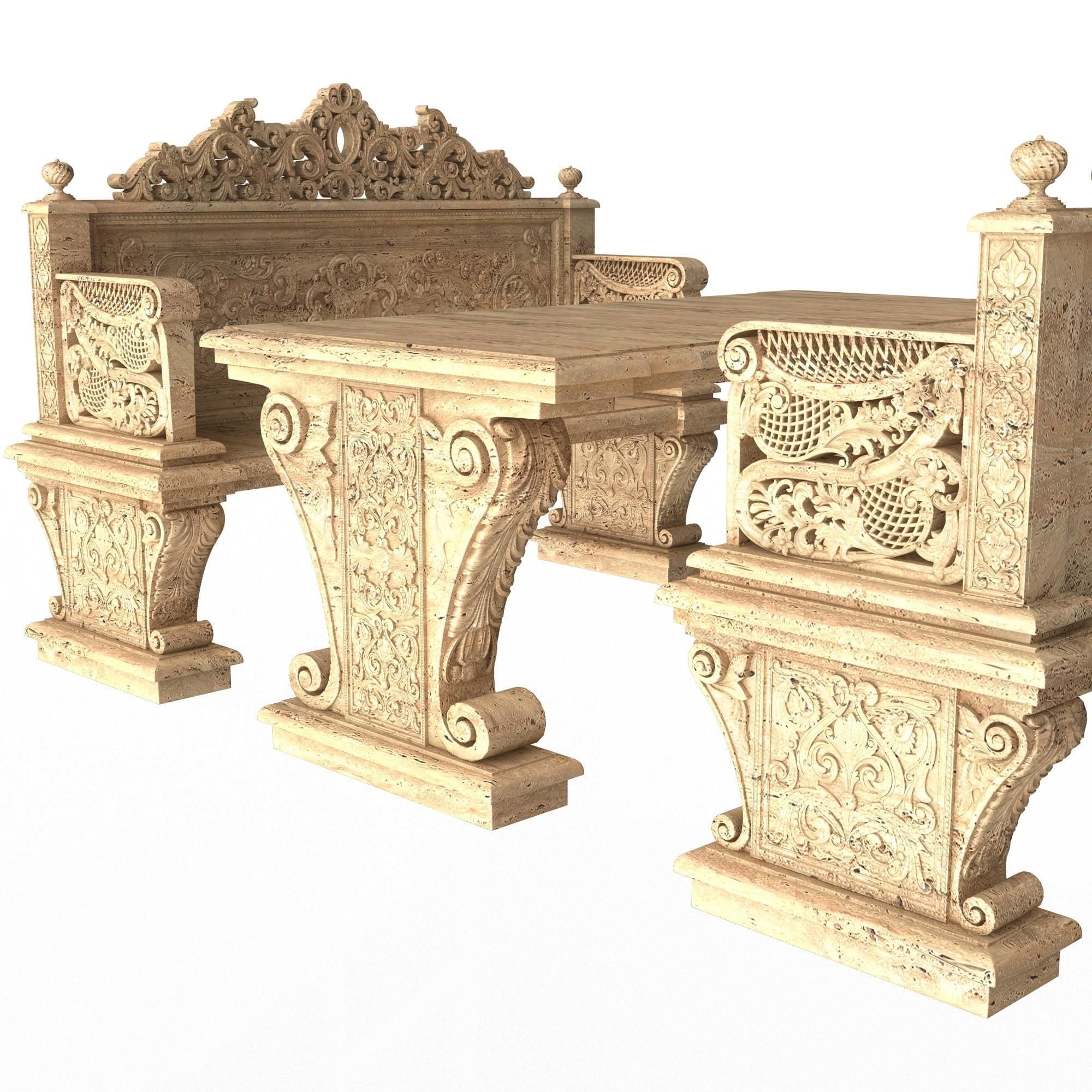 Stone Bench and Table Collection Low-poly 3D model_26