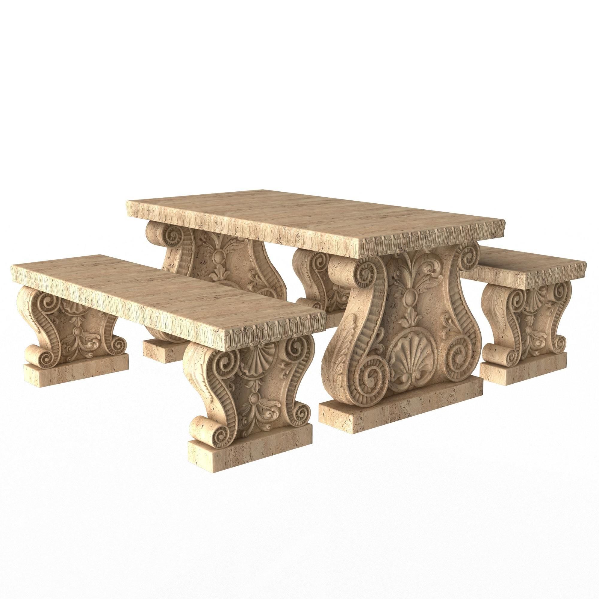 Stone Bench and Table Collection Low-poly 3D model_15