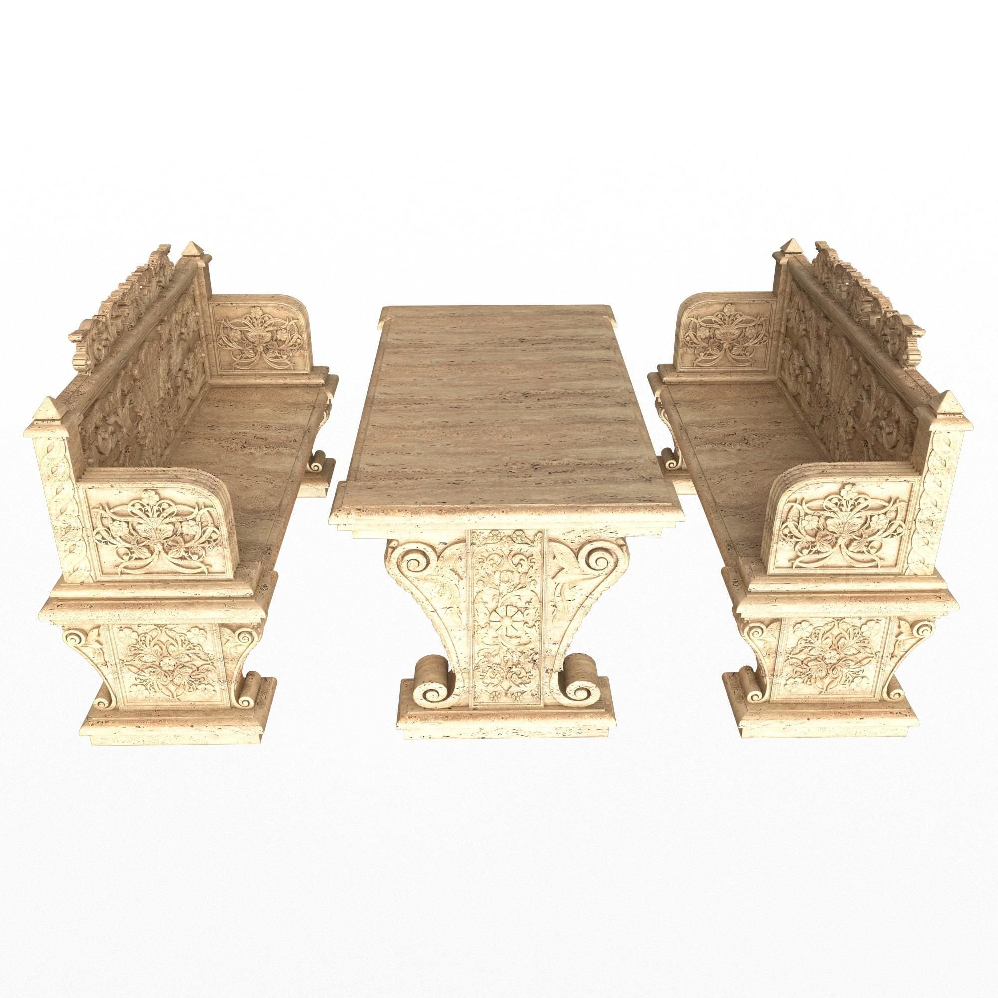 Stone Bench and Table Collection Low-poly 3D model_24