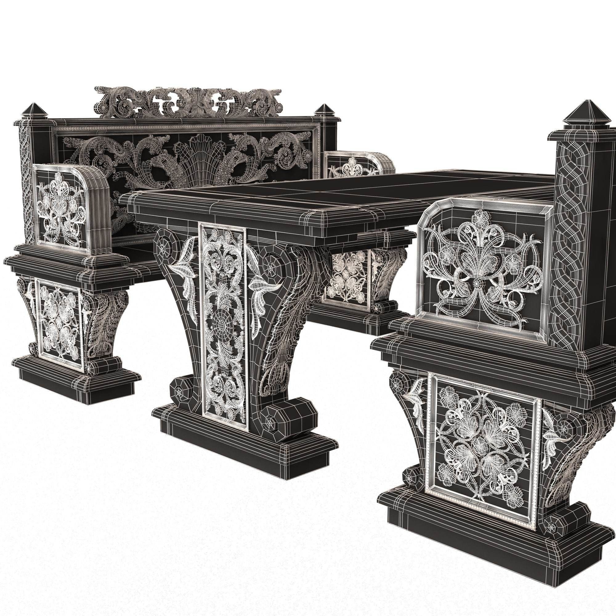 Stone Bench and Table Collection Low-poly 3D model_51