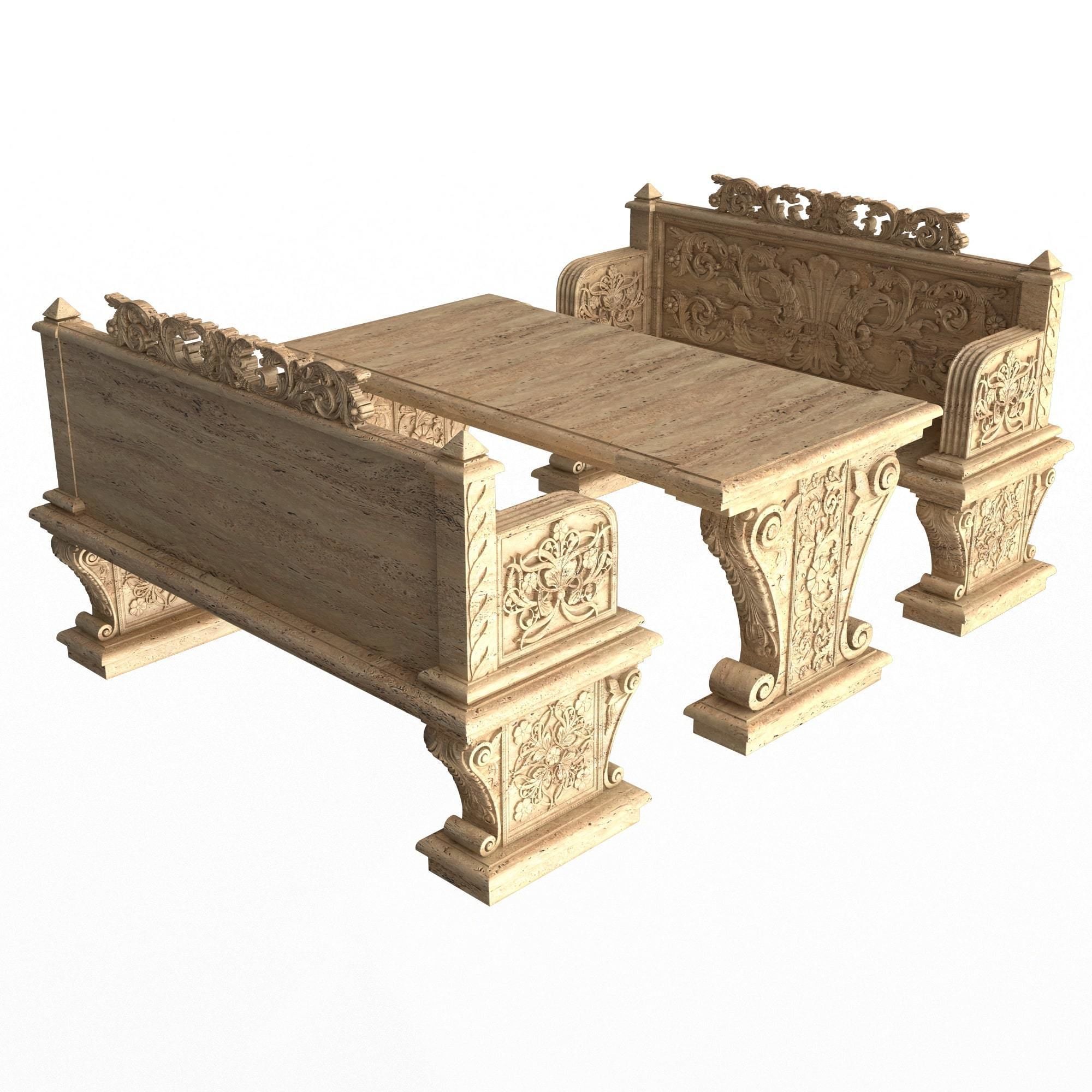 Stone Bench and Table Collection Low-poly 3D model_19