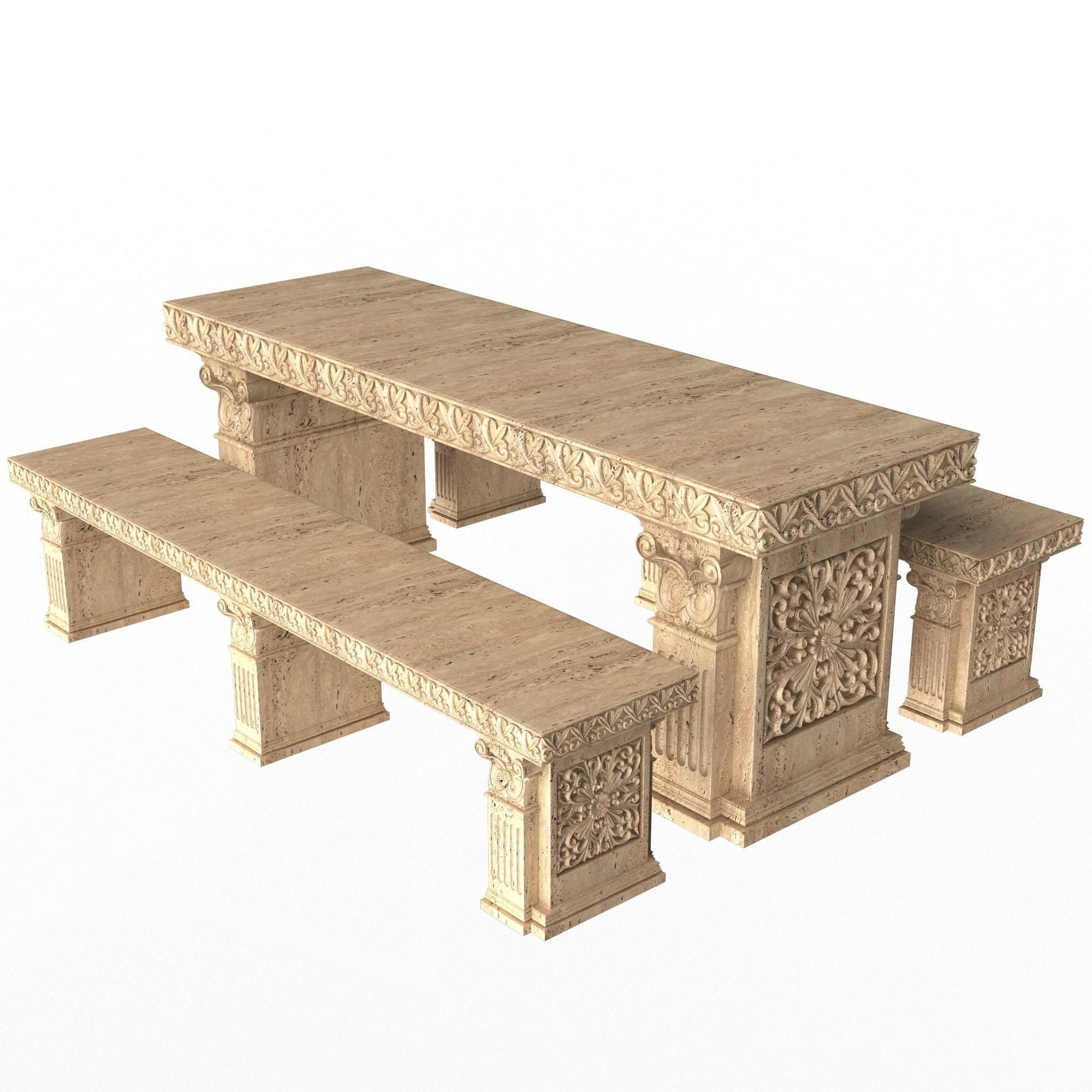 Stone Bench and Table Collection Low-poly 3D model_9