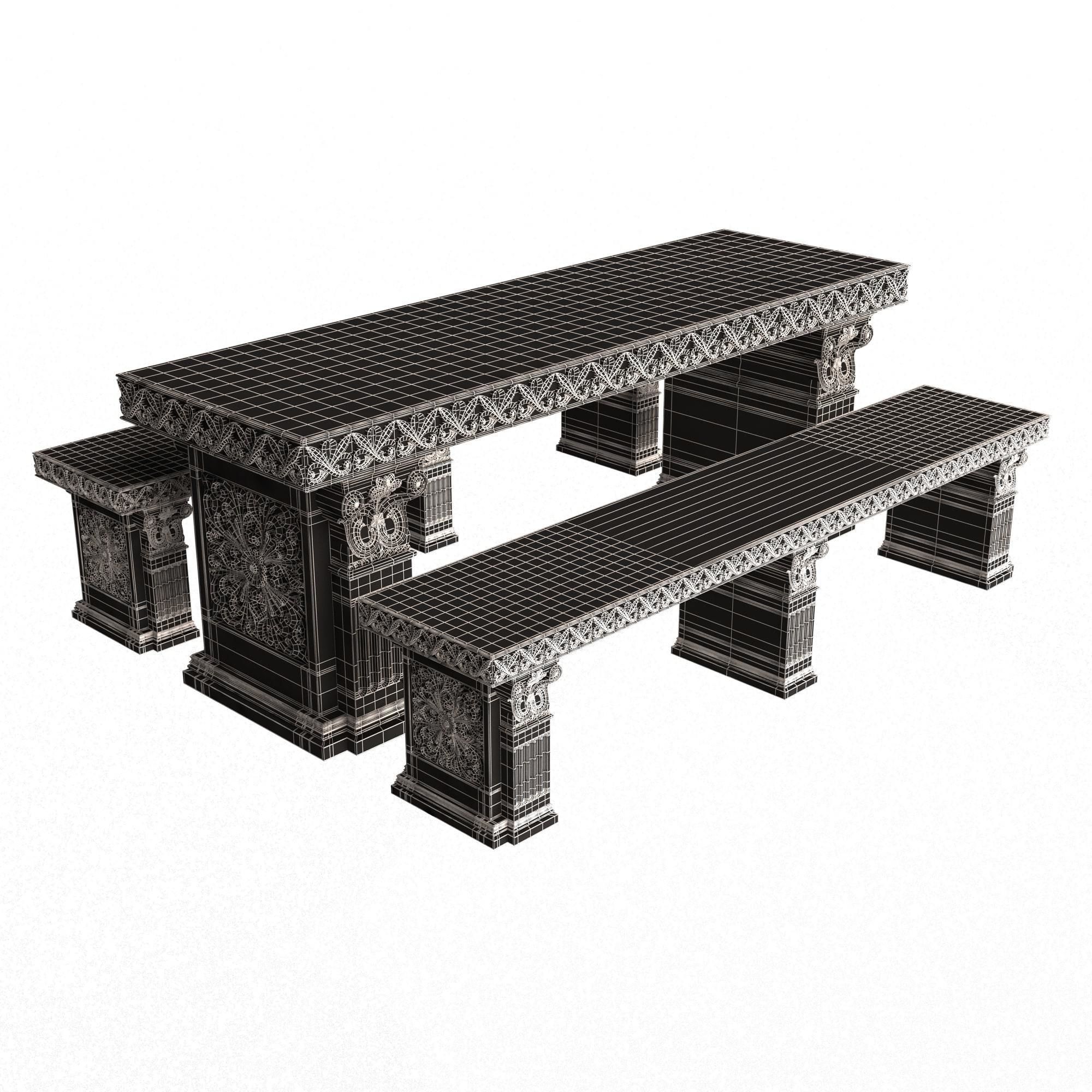 Stone Bench and Table Collection Low-poly 3D model_42