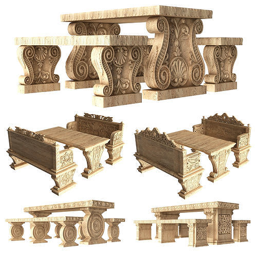 Stone Bench and Table Collection Low-poly 3D model